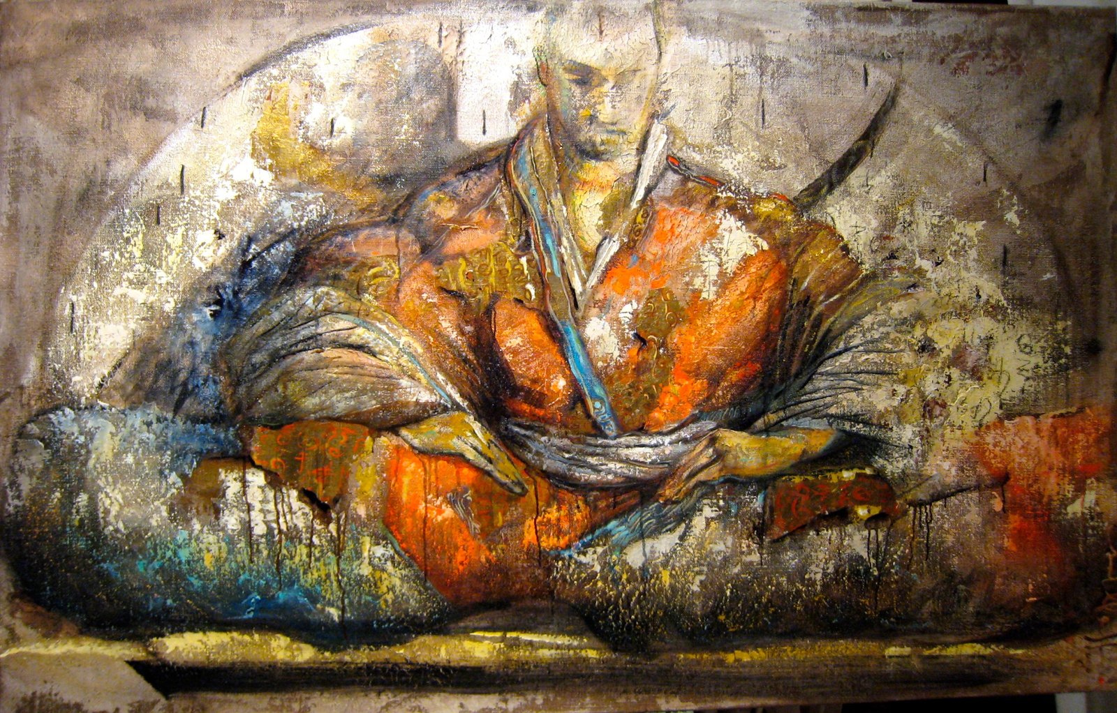 SAMOURAI MEDITATION, gesso, oil & mixte